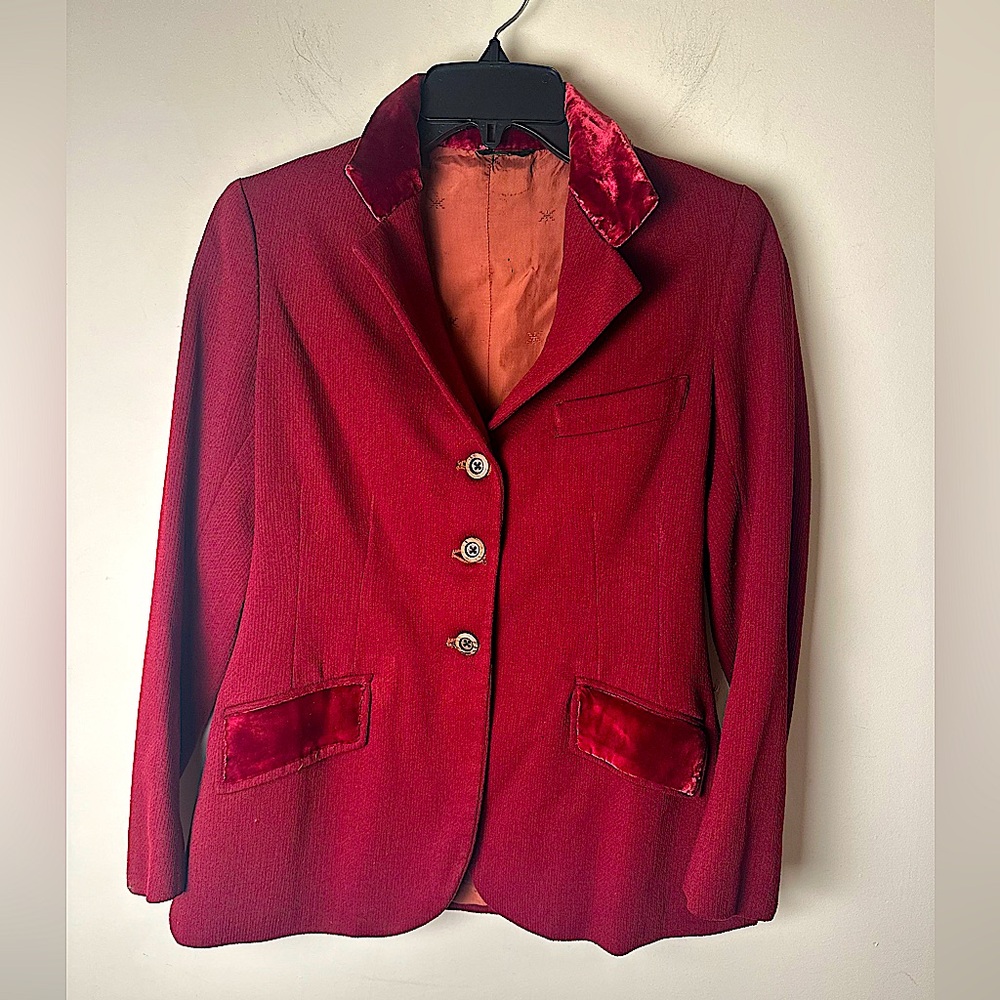 Vintage Women’s Burgundy Velvet Trim Riding Blazer PAUL MAYO SHOP XS (0-2)